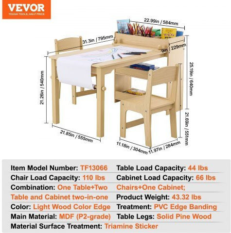 Kinder Tischset mit Stühlen zum Malen aus Holz Beige Vevor