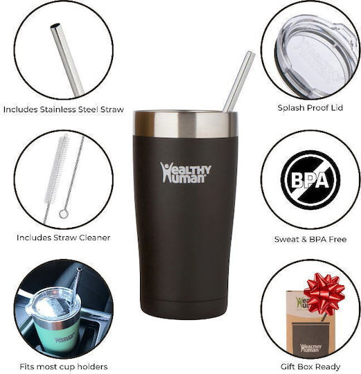 Healthy Human Cruiser Glass Thermos Stainless Steel BPA Free 591ml Black Onyx with Straw
