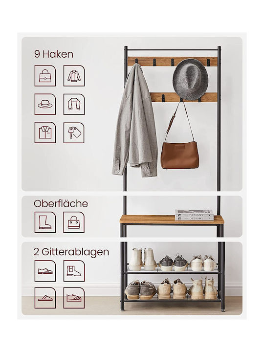 Entry Furniture with Hanger / Shoe Rack / Wardrobe & Bench Walnut and Black 32x70x177cm