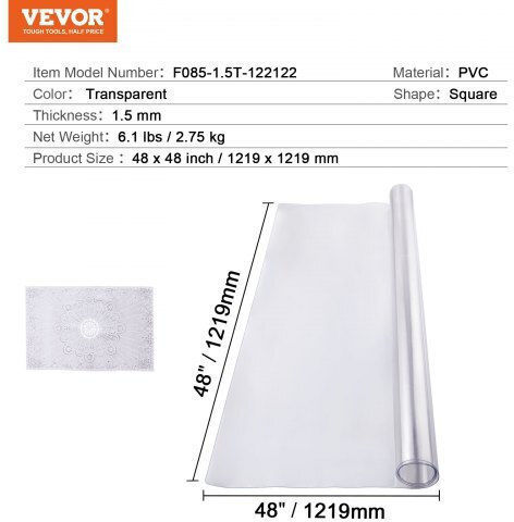 Διαφανές Προστατευτικό Τραπεζιού Vevor Pvc 48x48 Εκ 1.5mm Zfxpvczb48x40k46av0