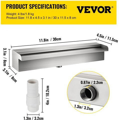 Vevor Pool Waterfall made of Stainless Steel 29.972x11.43x7.874cm Silver