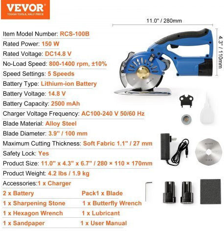 Vevor 5-Gang Akku-Elektro-Rotationsstoffschneider Wsqbjws100mm2rad1v2