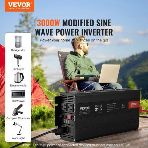 Vevor модифициран синусоидален инвертор 3000W DC12V AC230V LCD екран CE FCC XZXNBQ3000WX61GMMV2