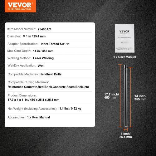 Vevor Διαμαντοκορώνα Καροτιέρας Υγρής Κοπής για Μπετό και Τούβλο 520gr