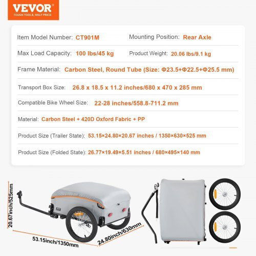 Vevor Anhänger Fahrradzubehör 45kg Ladegewicht Klappbar Wasserdicht 16" Reifen Reflektoren 22"-28" Felgen Cgkhzhjg100bmfbkov0