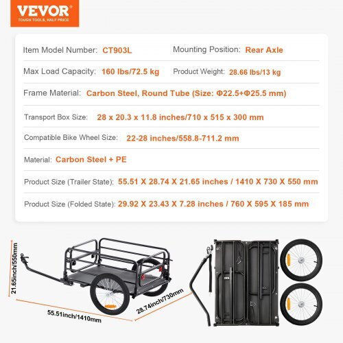 Vevor Remorcă Pentru Bicicletă 160 Lbs Capacitate Greu Tip Roti Repliabile de 16" Roti Reflectorizante 22"-28" Roti Cgkhzhjg200b5hwmpv0