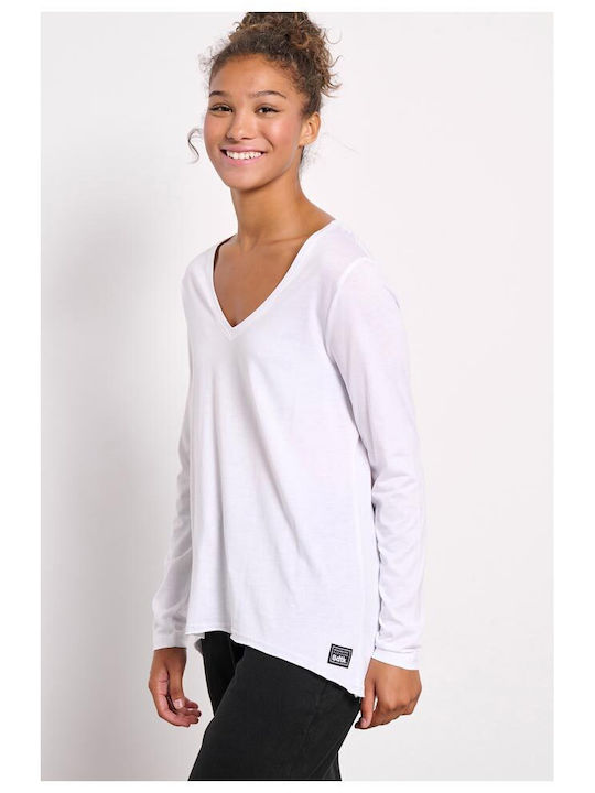 BodyTalk Damen Sport Bluse Langärmelig mit V-Ausschnitt White