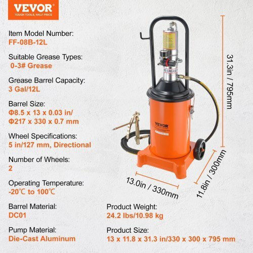 Vevor 12L Air-Operated Grease Pump Hose & Gun Portable Wheels Hyj3jldt0000xhuhbv0