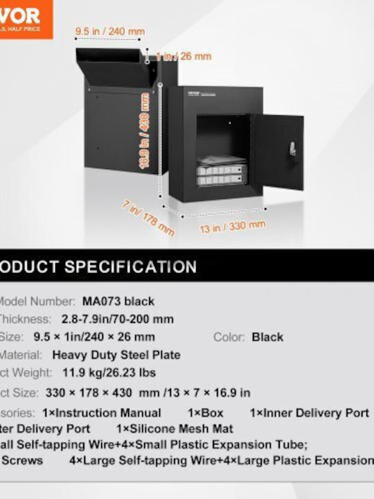 Vevor Outdoor Metal Mailbox in Black Color 33.02x17.78x43.18cm