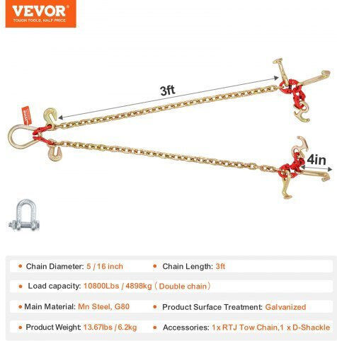 Αλυσίδα Ρυμούλκησης Vevor 5/16" X 3' G80 Άγκιστρα Rtj & Grab 10800 Lbs Rtjgtlmgdx1jfoyfcv0