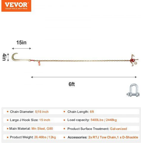 Αλυσίδα Ρυμούλκησης Vevor 2τμχ 5/16"x6' G80 Γάντζους J & Rtj Rtjgtlmgdx2jfh5fdv0