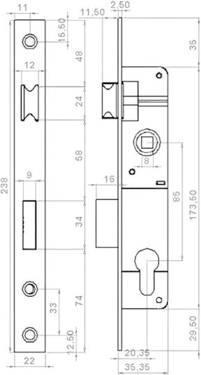 Gevy Recessed Lock with Cylinder and Center 35mm