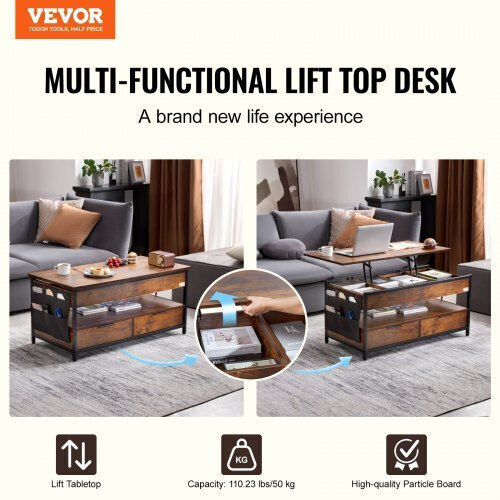 Rectangular Central Coffee Table Wooden with Lifting Mechanism Brown M100xW49.8xH48cm