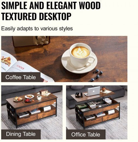 Rectangular Central Coffee Table Wooden with Lifting Mechanism Brown M100xW49.8xH48cm