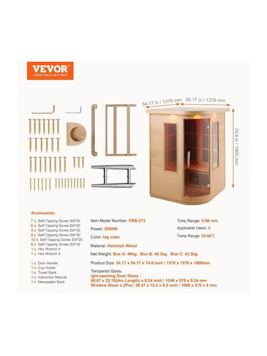 Vevor Indoor Infrared Sauna for 2 Persons L137.6xD137.6xH190cm