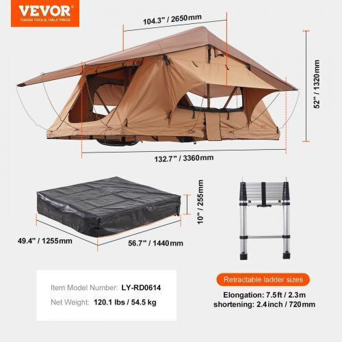 Vevor Σκηνή Camping Αυτοκινήτου Φουσκωτή Μπεζ με Διπλό Πανί 3 Εποχών για 3 Άτομα για Jeep SUV Φορτηγό με Σκάλα