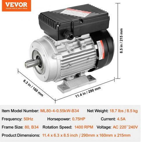 Vevor Ηλεκτροκινητήρας 0.75hp Μέγιστων Στροφών 1400rpm