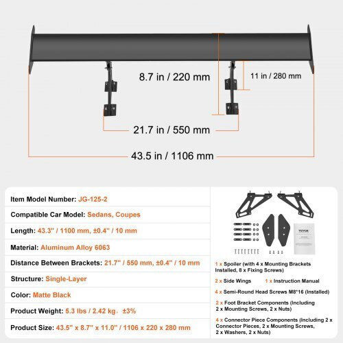 Adjustable Car Spoiler Vevor GT 43.3'' Tyxwylhjlhjdscp2hv0