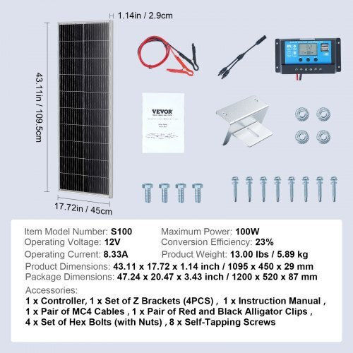 Vevor GDSDJTYNBDJ1MLOFJV9 Monocrystalline Solar Panel 100W 12V 1095x450x29mm