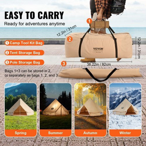 Vevor Σκηνή Camping Teepee Μπεζ 4 Εποχών για 6 Άτομα 400x400x250εκ.