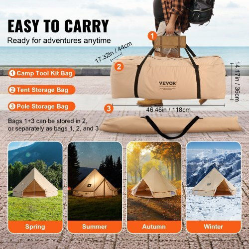 Vevor Σκηνή Camping Teepee Μπεζ 4 Εποχών για 12 Άτομα 700x700x350εκ.