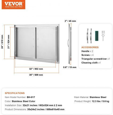 Vevor BBQ Door 889x610 mm Double Stainless Steel Outdoor Kitchen