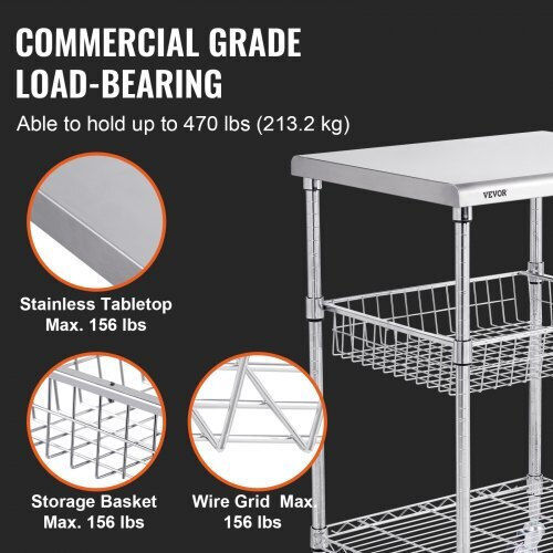 Vevor Commercial Kitchen Food Cart for Dish Baskets H92.964xW50.8xD60.96cm