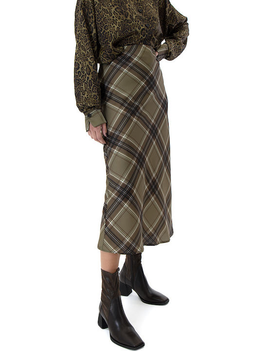 Satin High-waisted Midi Skirt Checked Black-green-khaki