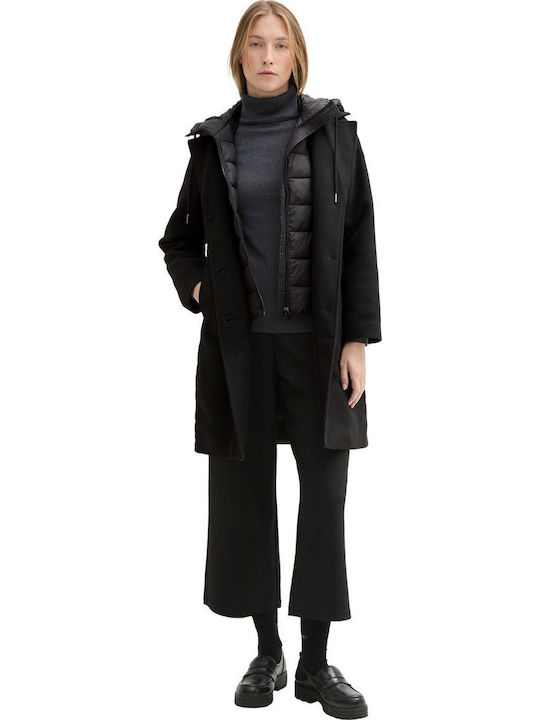 Winterly Hybrid Women's Deep Black Coat with Buttons
