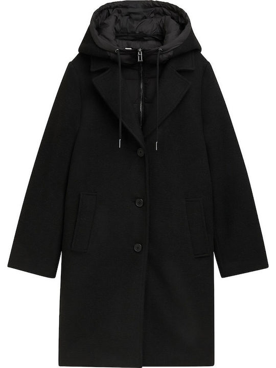 Winterly Hybrid Women's Deep Black Coat with Buttons