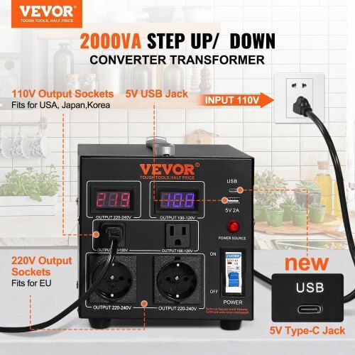 Transformator de tensiune Vevor 2000W pentru sarcini grele, certificat CE Dyzhq110v230vd806v2
