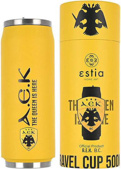 Estia Travel Cup Save the Aegean Recyclable Thermos Bottle Stainless Steel / Plastic BPA Free 500ml AEK BC Edition with Straw