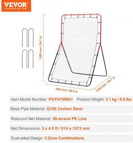 Vevor Baseball & Softball Rebound Net 3x4.5 Ft 3-in-1 Trainer