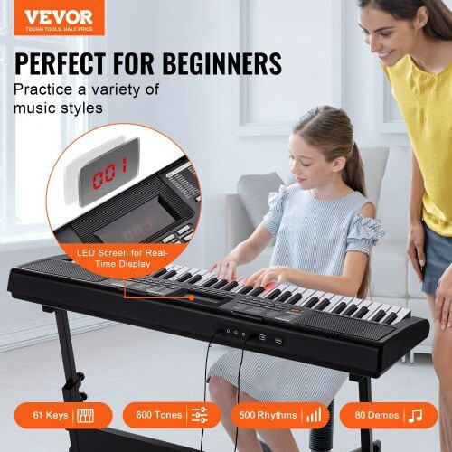 Vevor Αρμόνιο 61JBPZSMGQ619P9RUV9 με 61 Πλήκτρα με Βάση και Ακουστικά Μαύρο