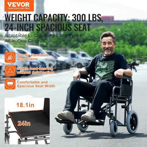 Vevor Vevor Folding Wheelchair 24 Inches 60.96cm Black