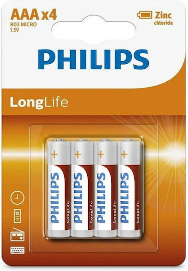 Set 4 Baterii Alcaline Philips LR03 AAA Longlife Pachet Blister