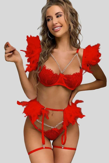 Senses Sexy Σετ Εσωρούχων με Ζαρτιέρες Κόκκινο