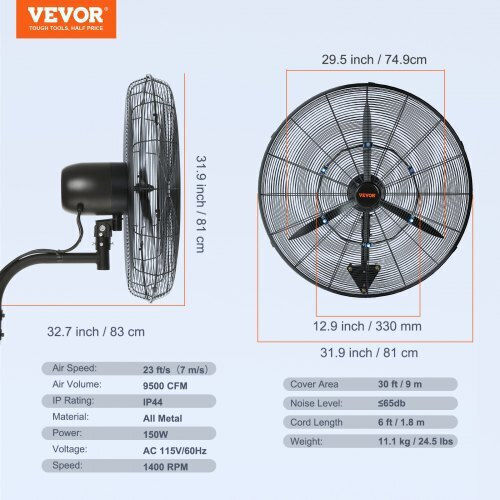 Vevor Ανεμιστήρας Τοίχου 150W Διαμέτρου 74.9cm Μαύρος