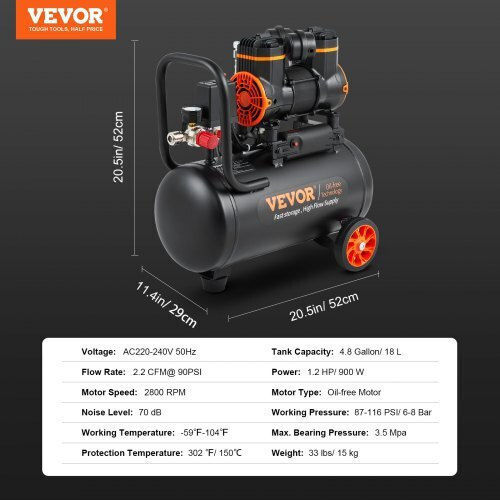 Vevor Κομπρεσέρ Αέρος 70dB με Ισχύ 1.2hp και Αεροφυλάκιο 18lt
