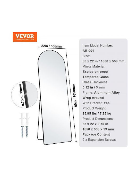 Vevor Gewölbter Boden- oder Standspiegel mit Schwarzem Aluminium Rahmen 165,1x55,9cm