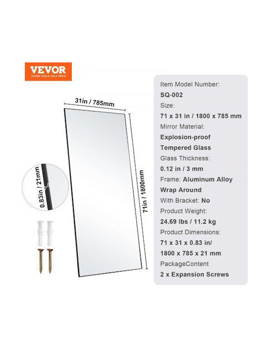 Vevor Καθρέπτης με Μαύρο Αλουμινένιο Πλαίσιο 180x78.5cm