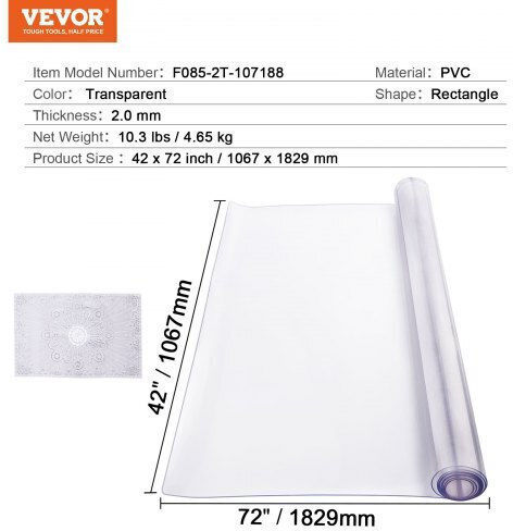 Protector transparent pentru masă Vevor 42x72 2.0mm Zfxpvczb42x7fcc6cv0
