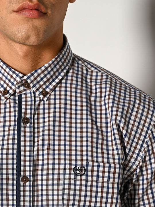 Long-sleeved Cotton Shirt Checked Brown