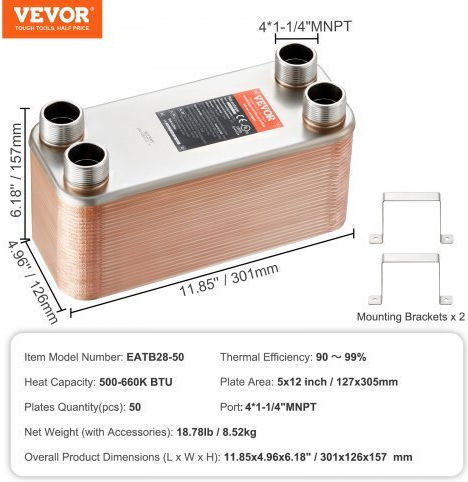 Vevor Εναλλάκτης Θερμότητας 50 Πλακών 4*1-1/4" Mnpt Θύρες 5"x 12" Συγκολλημένος Ανοξείδωτος Χάλυβας 316l Qhbshrq512506de54v0
