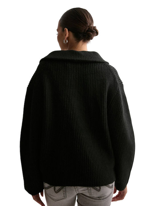 Only Long Women's Knitted Cardigan with Zipper Black