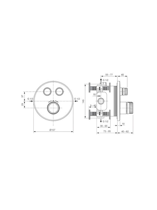 Смесител Ideal Standard Ceratherm Navigo Контрол за душ 2 независими водни потока Кръгъл отвор Месинг