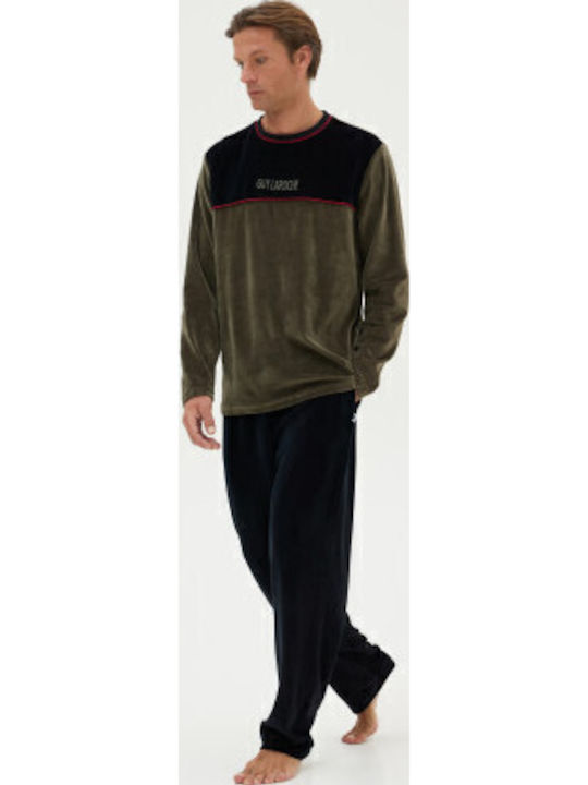 Guy Laroche Men's Winter Velvet Pajamas Set Khaki/black