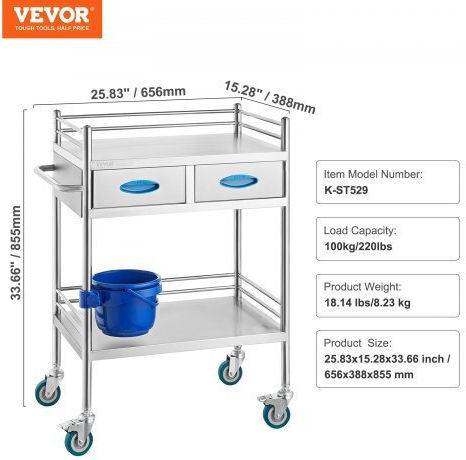 Vevor Τροχήλατο Τραπεζάκι Νοσηλείας Π65.6xΒ38.8xΥ85.5cm SYSST42014302PL3ZV0