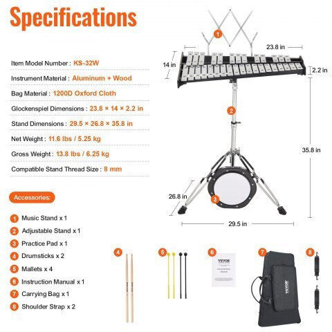 Glockenspiel Set 32 Notes Weights Stand & Cushion Vevor 32yfzqwzj8lxvktiav0