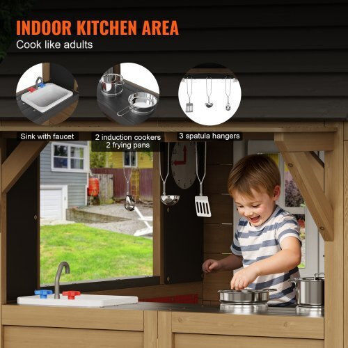 Vevor Multifunctional Wooden Kids Playhouse with Kitchen 140.3x126x166cm